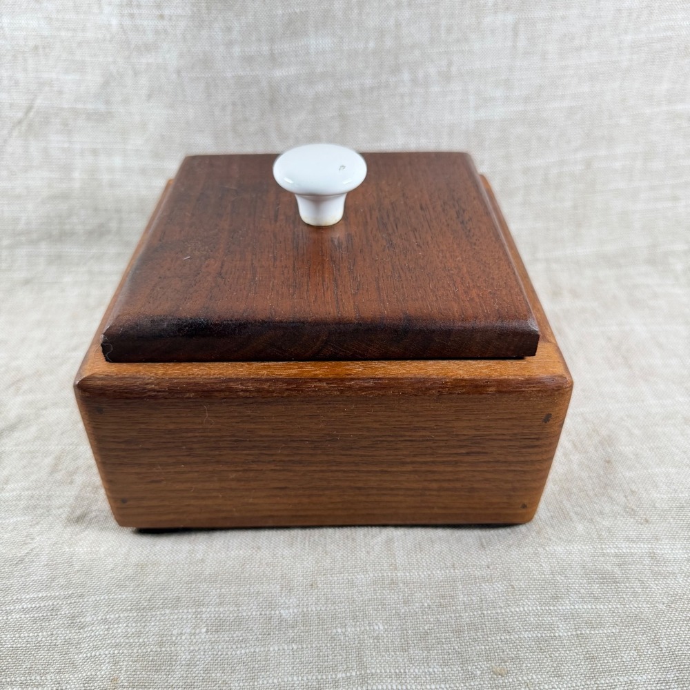 Vintage Mid Century Modern Square Wood Trinket Box with White Ceramic Knob Lid